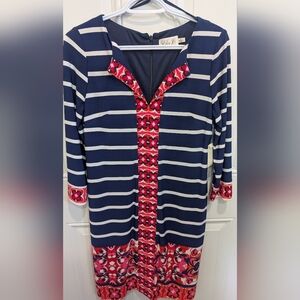Eliza J Navy and White Striped Dress with Red Floral Design